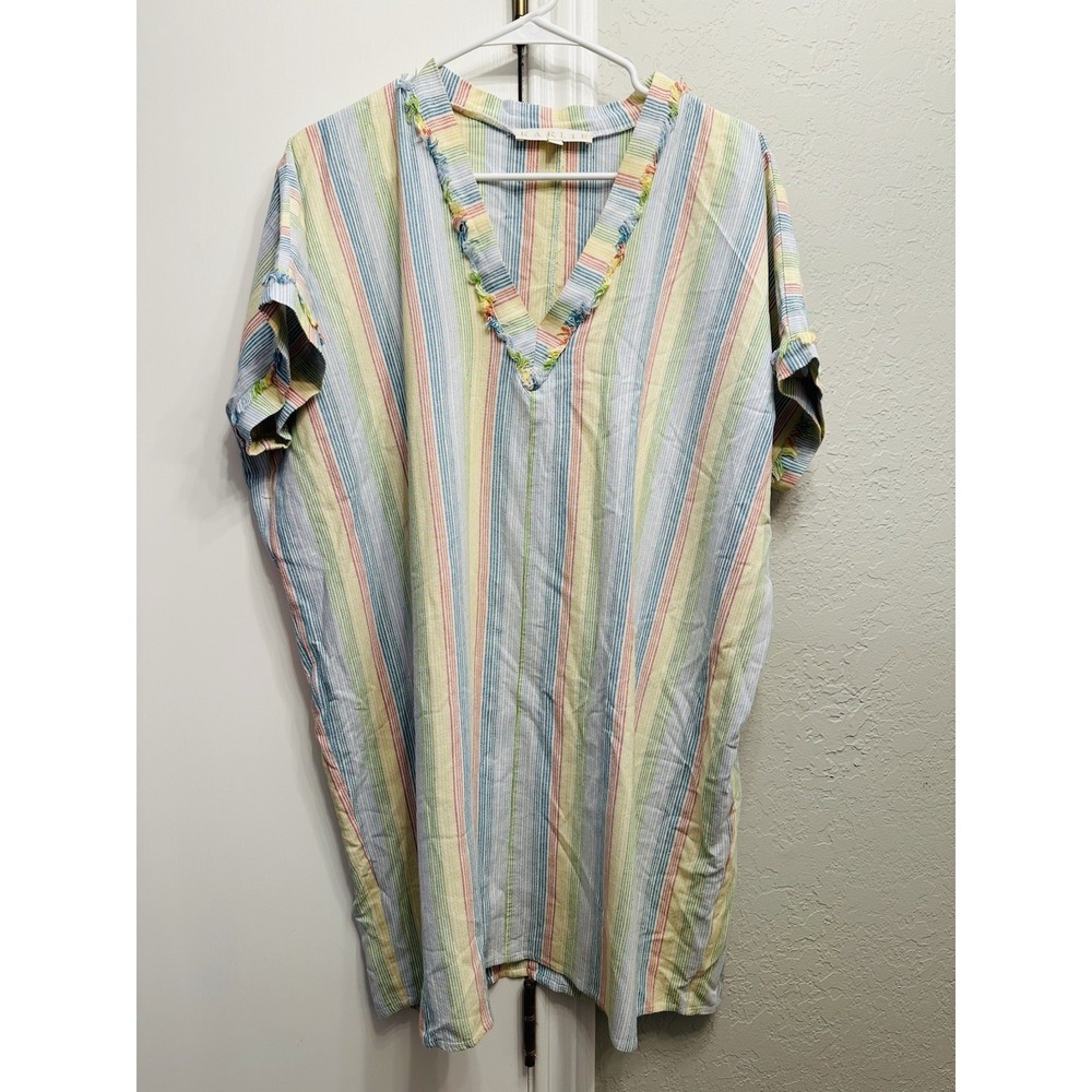 Karlie Colorful Striped Fringe Shirt Dress Oversized Women's Large